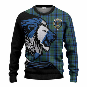 Marshall Tartan Crest Knitted Sweater Scottish Golden Lions Wave Flow