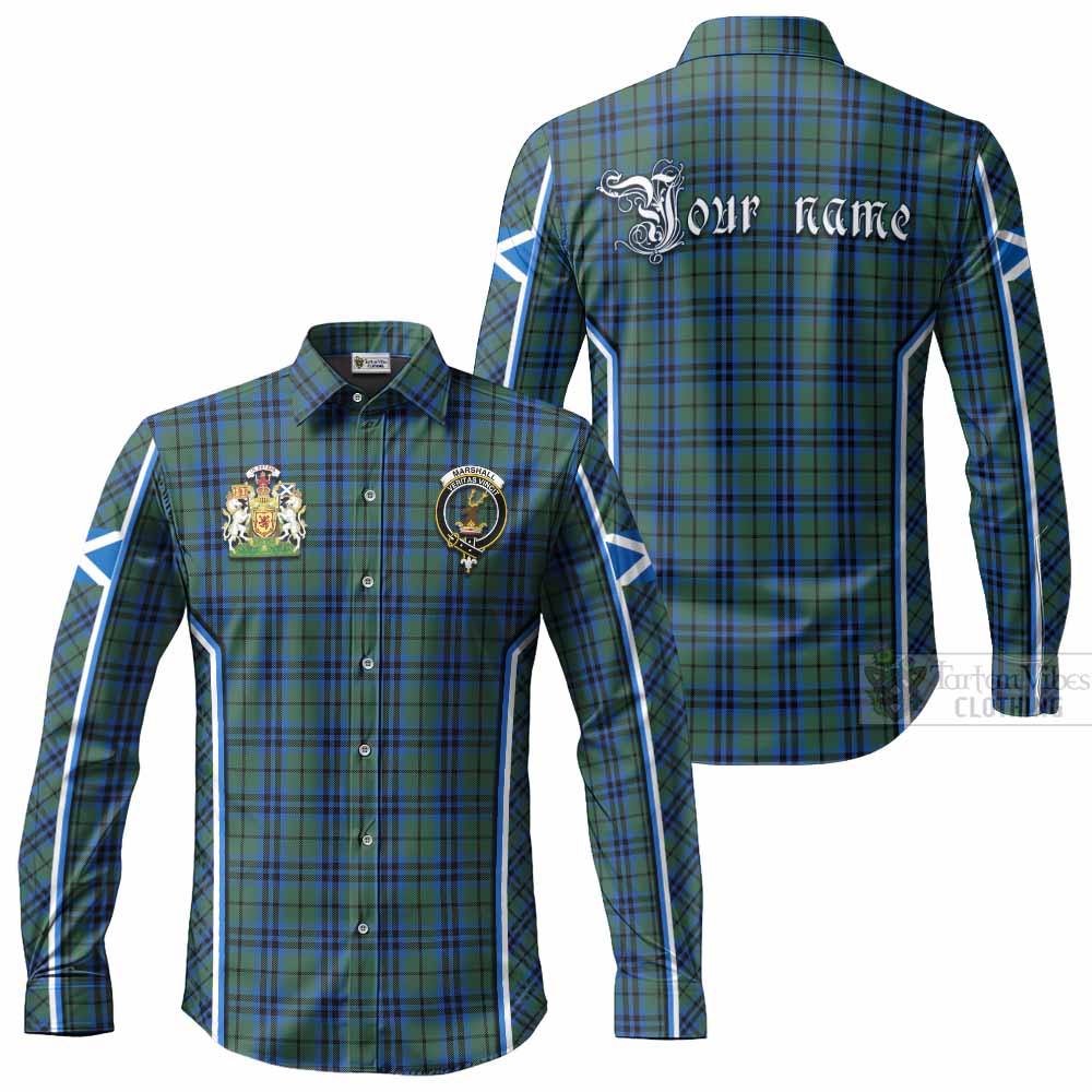 Marshall Tartan Crest Long Sleeve Button Shirts Scotland Coat of Arm Flag Style - Tartan Vibes Clothing