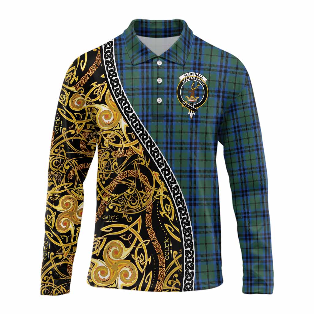 Marshall Tartan Crest Long Sleeve Polo Shirt Celtic Knot and Triple Trickle Spiral Symbols