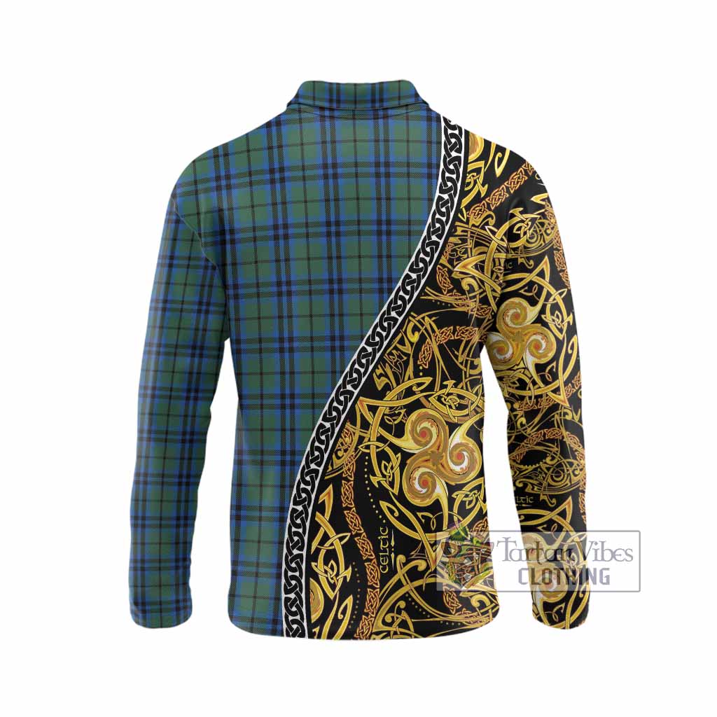 Marshall Tartan Crest Long Sleeve Polo Shirt Celtic Knot and Triple Trickle Spiral Symbols