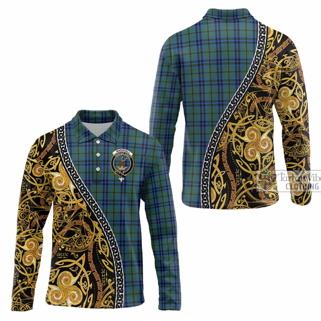 Marshall Tartan Crest Long Sleeve Polo Shirt Celtic Knot and Triple Trickle Spiral Symbols
