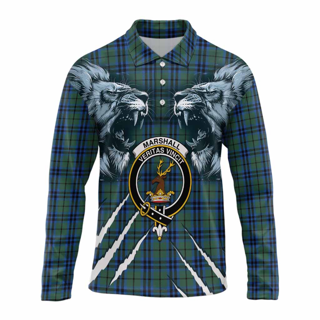 Marshall Tartan Crest Long Sleeve Polo Shirt Ferocious Lion Style