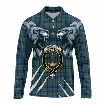 Marshall Tartan Crest Long Sleeve Polo Shirt Ferocious Lion Style