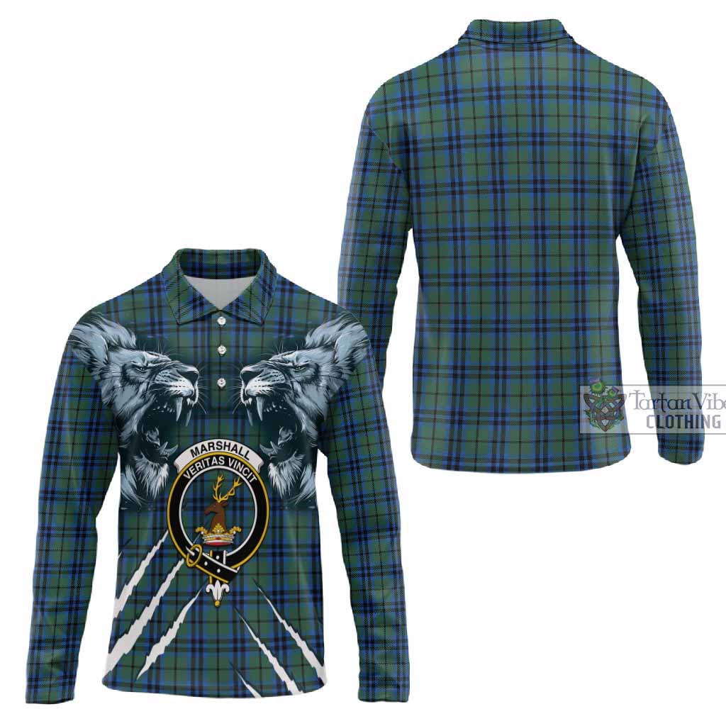 Marshall Tartan Crest Long Sleeve Polo Shirt Ferocious Lion Style