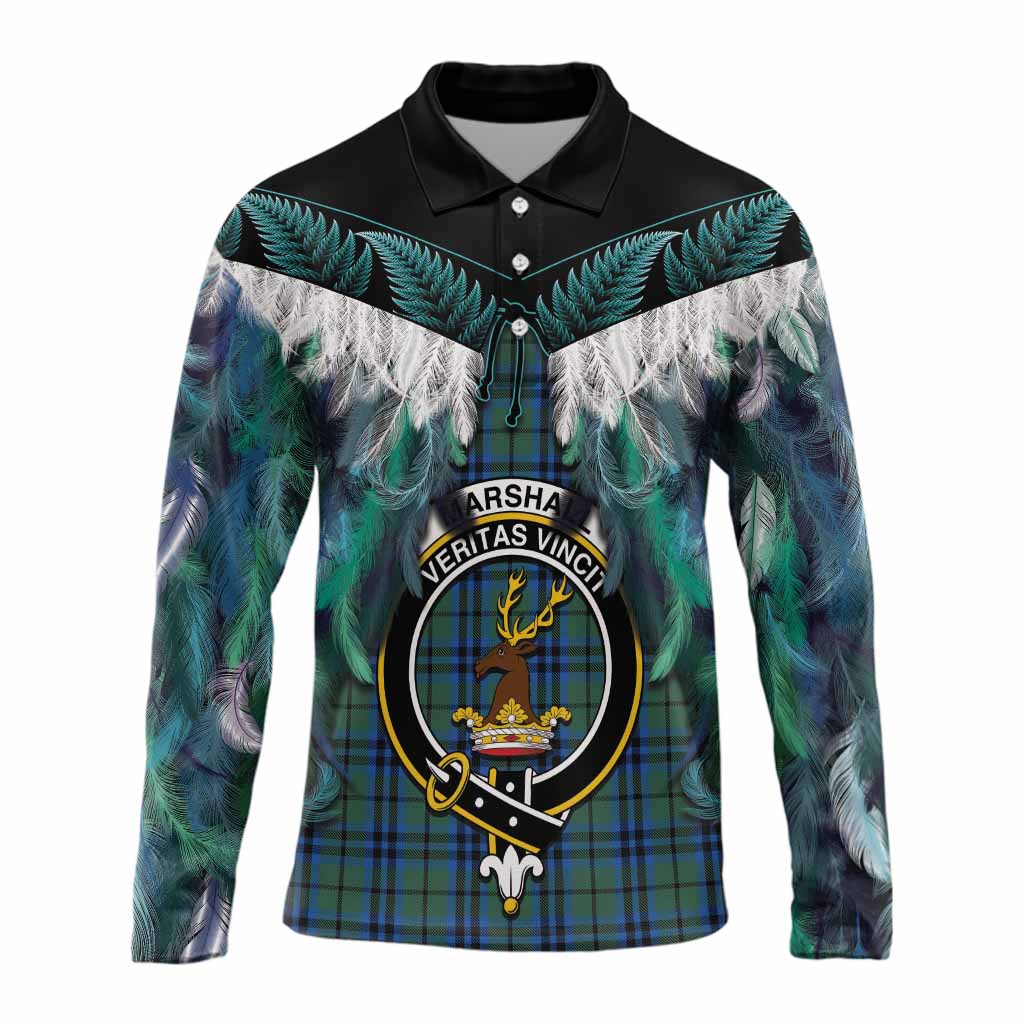 Marshall Tartan Crest Long Sleeve Polo Shirt New Zealand Maori Korowai Cloak
