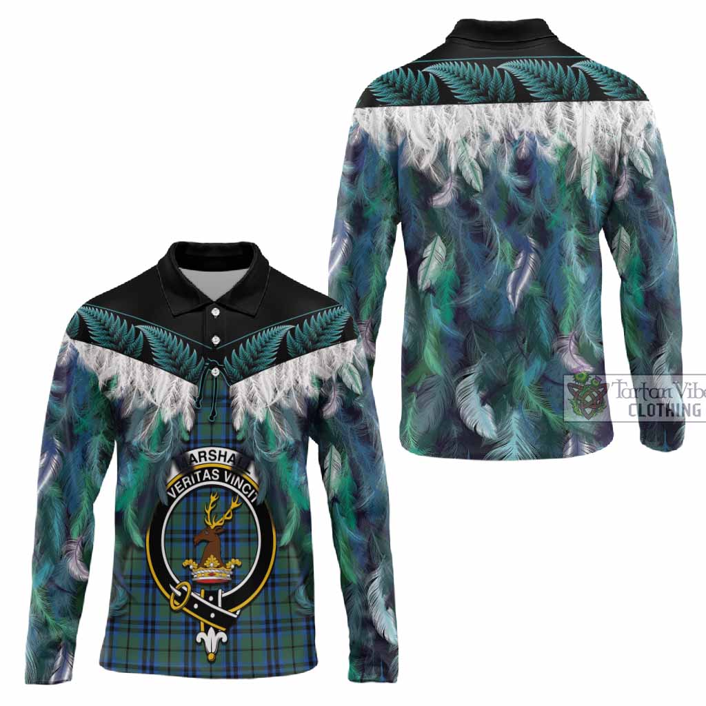 Marshall Tartan Crest Long Sleeve Polo Shirt New Zealand Maori Korowai Cloak