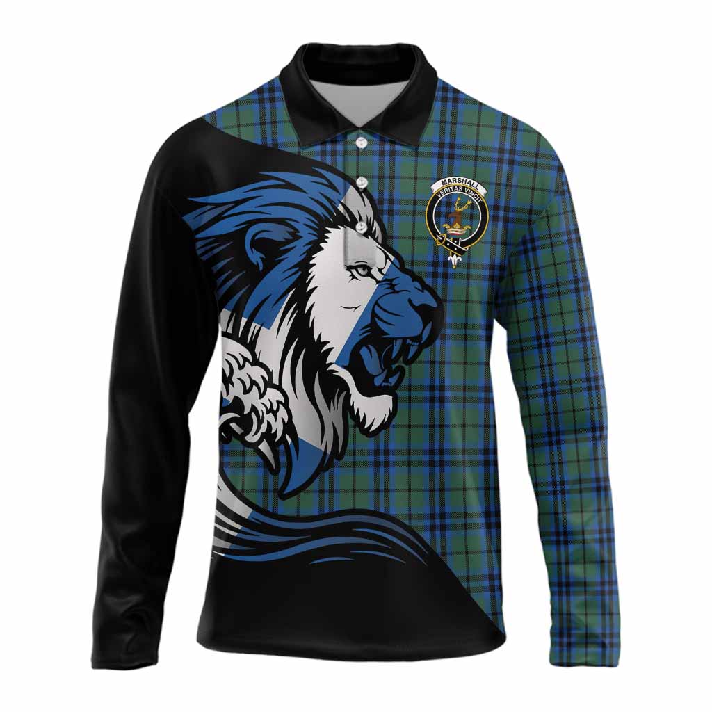 Marshall Tartan Crest Long Sleeve Polo Shirt Scottish Golden Lions Wave Flow