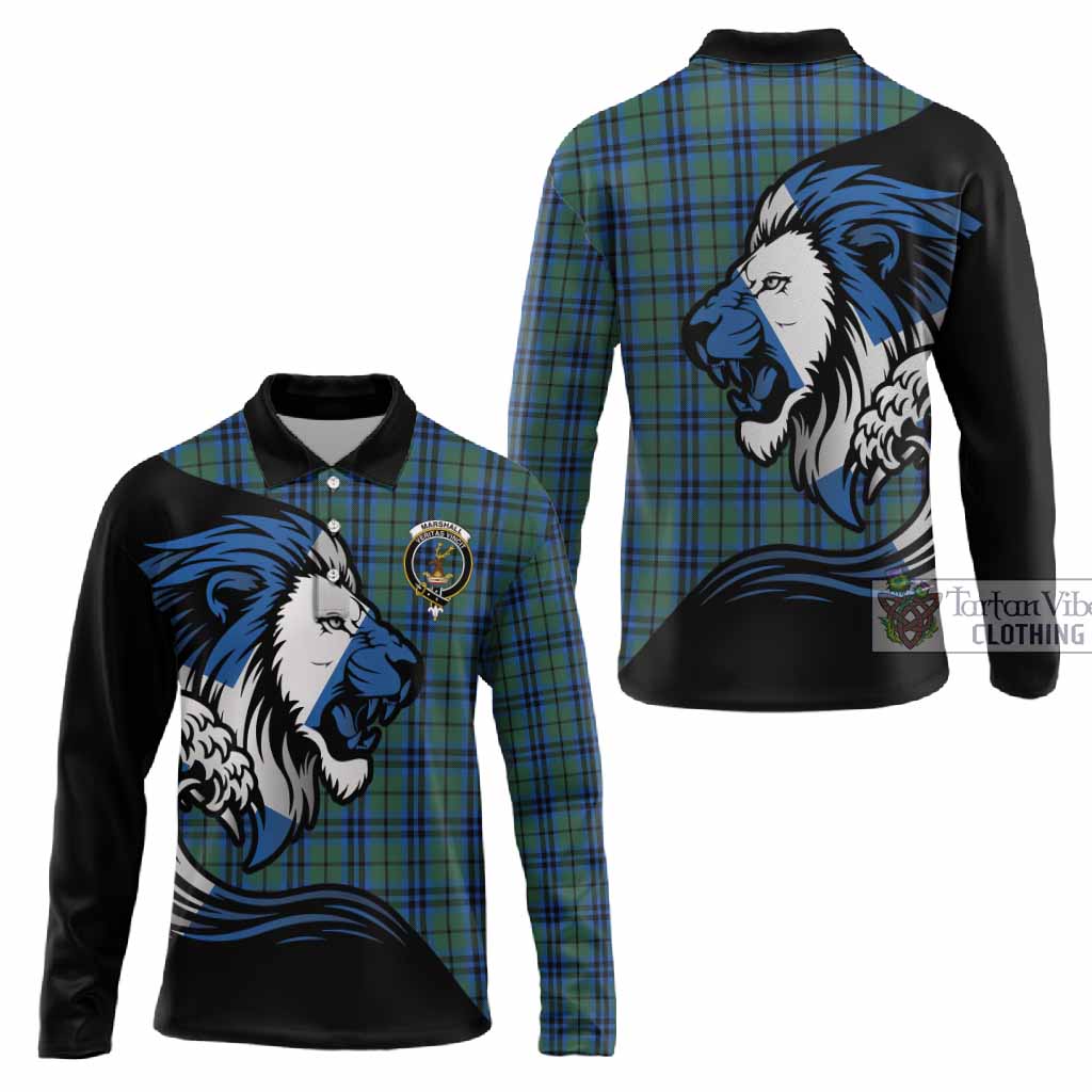 Marshall Tartan Crest Long Sleeve Polo Shirt Scottish Golden Lions Wave Flow