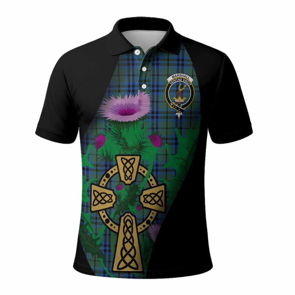 Marshall Tartan Crest Polo Shirt Celtic Cross Thistle Flowers