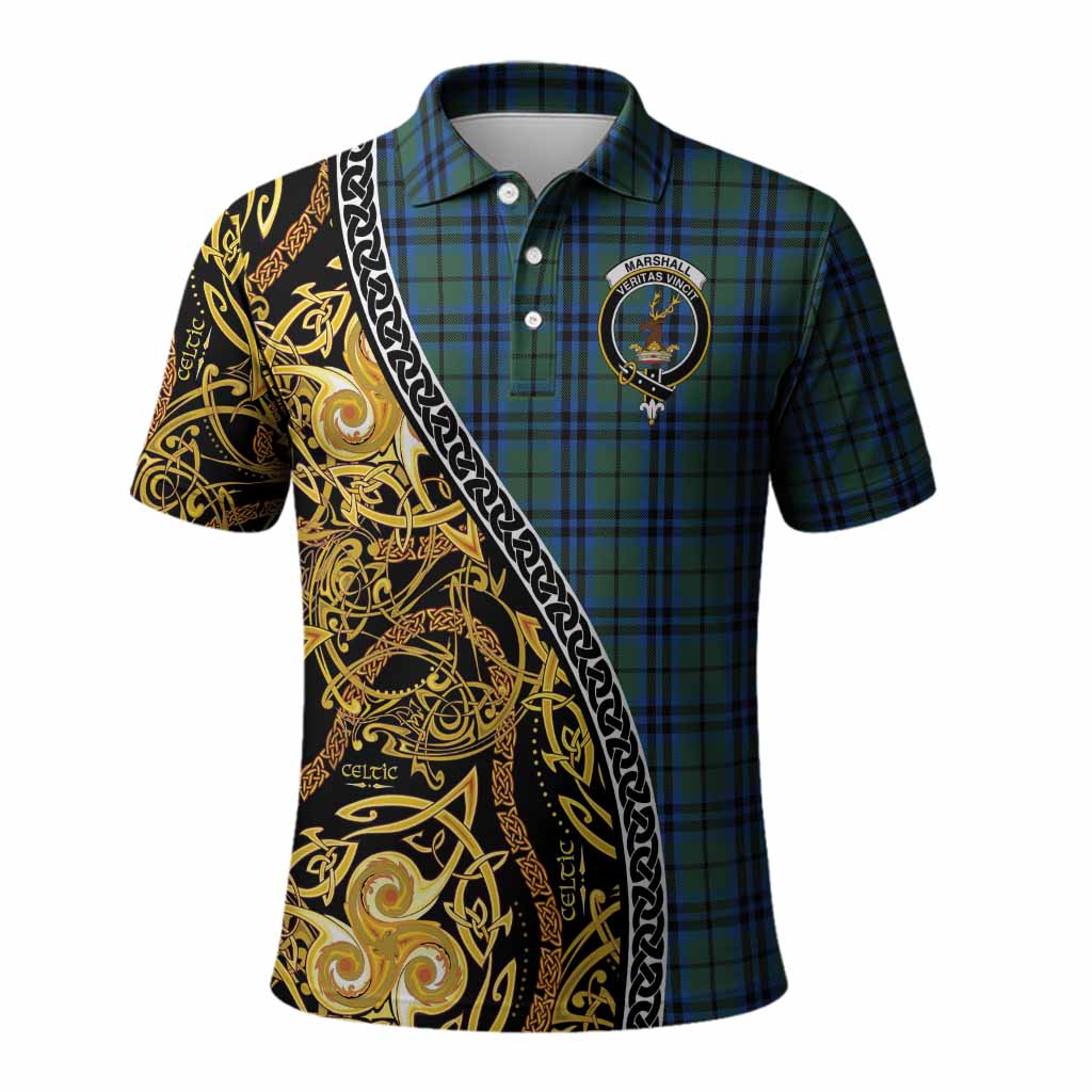 Marshall Tartan Crest Polo Shirt Celtic Knot and Triple Trickle Spiral Symbols