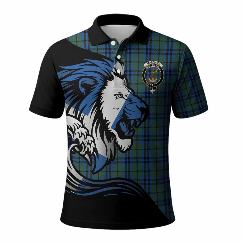 Marshall Tartan Crest Polo Shirt Scottish Golden Lions Wave Flow