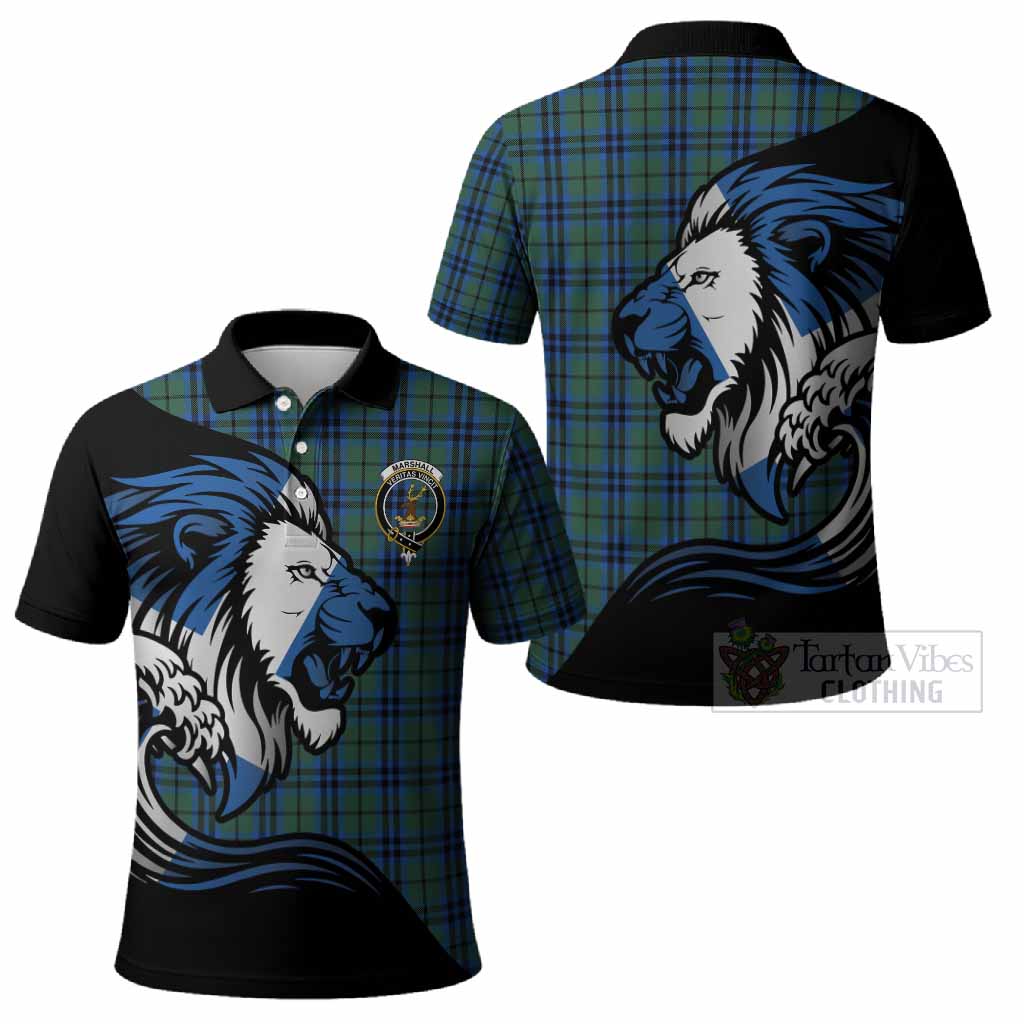 Marshall Tartan Crest Polo Shirt Scottish Golden Lions Wave Flow
