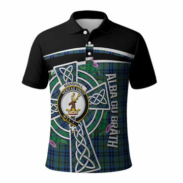 Marshall Tartan Crest Polo Shirt Scottish Thistle Celtic Cross Alba Gu Brath