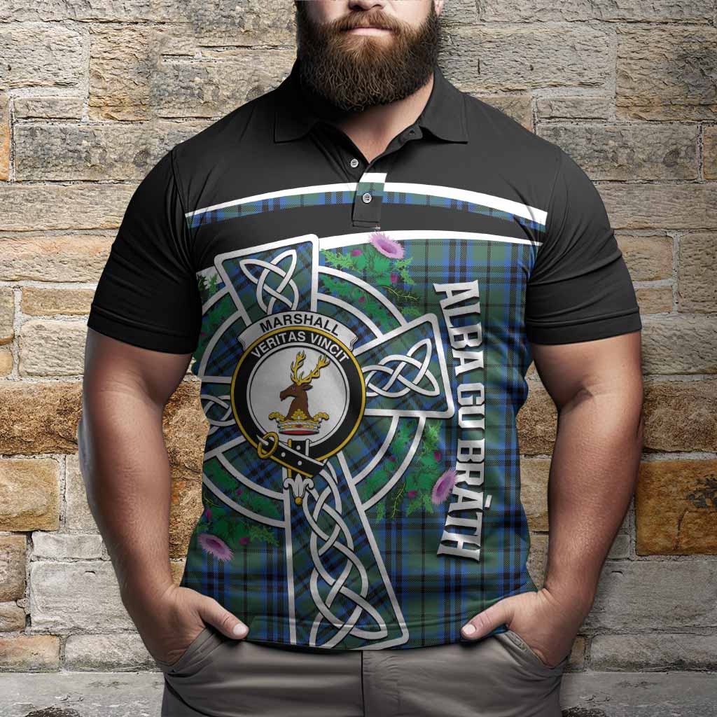 Marshall Tartan Crest Polo Shirt Scottish Thistle Celtic Cross Alba Gu Brath