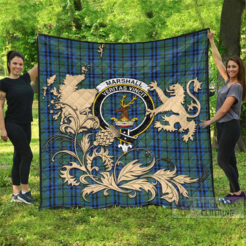 Marshall Tartan Crest Premium Quilt with Scottish Iconic Symbols 