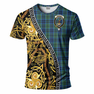 Marshall Tartan Crest T-Shirt Celtic Knot and Triple Trickle Spiral Symbols