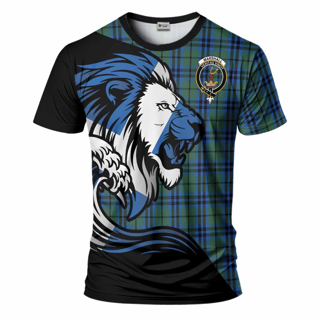 Marshall Tartan Crest T-Shirt Scottish Golden Lions Wave Flow