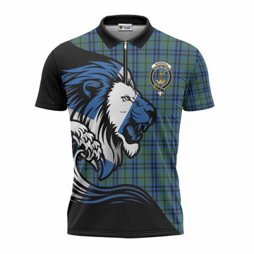 Marshall Tartan Crest Zipper Polo Shirt Scottish Golden Lions Wave Flow