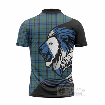 Marshall Tartan Crest Zipper Polo Shirt Scottish Golden Lions Wave Flow