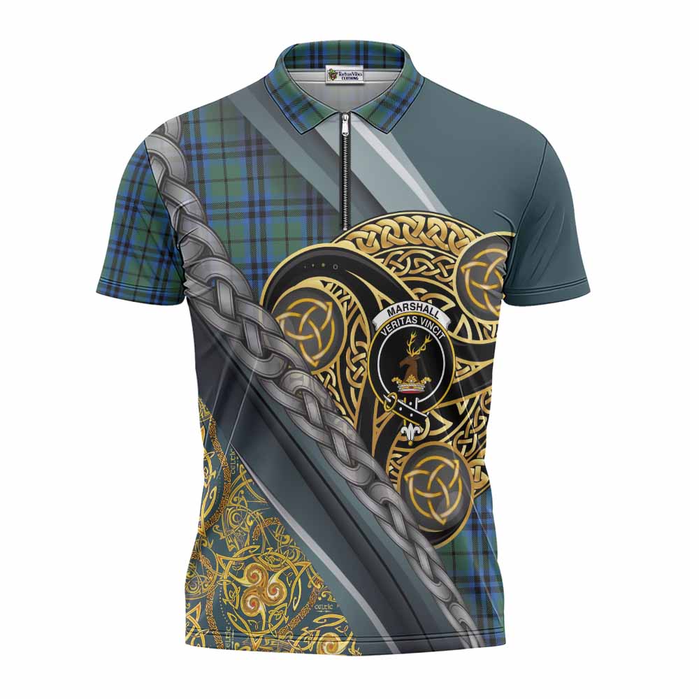 Marshall Tartan Crest Zipper Polo Shirt Scottish Triskele Celtic