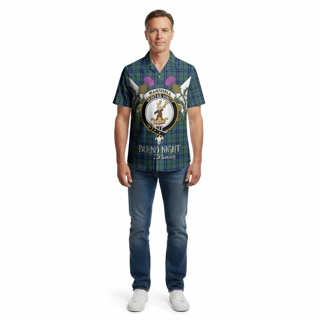 Marshall Tartan Family Crest Cotton Hawaiian Shirt Scottish Burns Night Thistle Floral