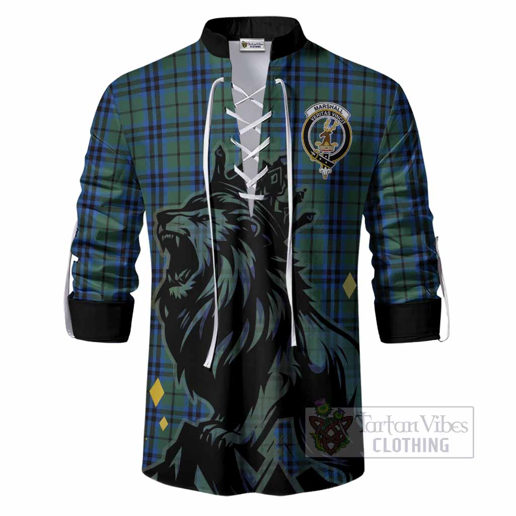 Marshall Tartan Family Crest Ghillie Shirt Crowned Lion Roaring