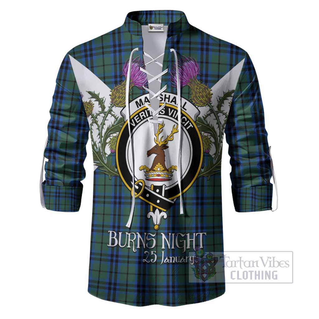 Marshall Tartan Family Crest Ghillie Shirt Scottish Burns Night Thistle Floral