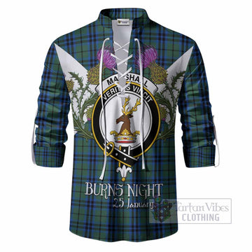 Marshall Tartan Family Crest Ghillie Shirt Scottish Burns Night Thistle Floral