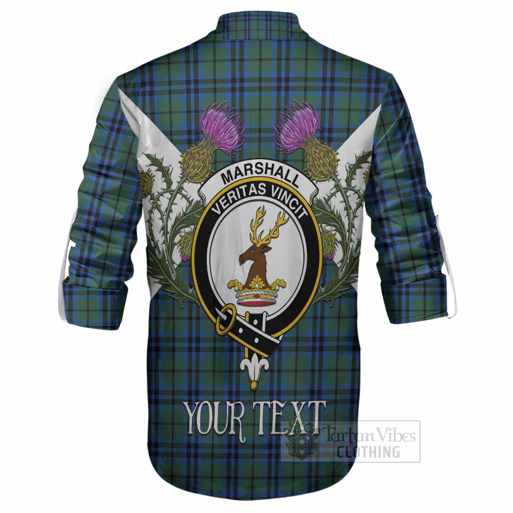 Marshall Tartan Family Crest Ghillie Shirt Scottish Burns Night Thistle Floral