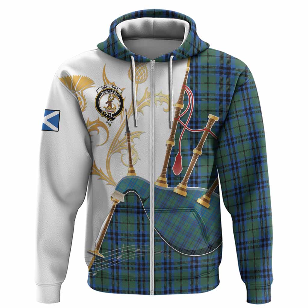Marshall Tartan Family Crest Hoodie Bagpipes with Scottish Thistle