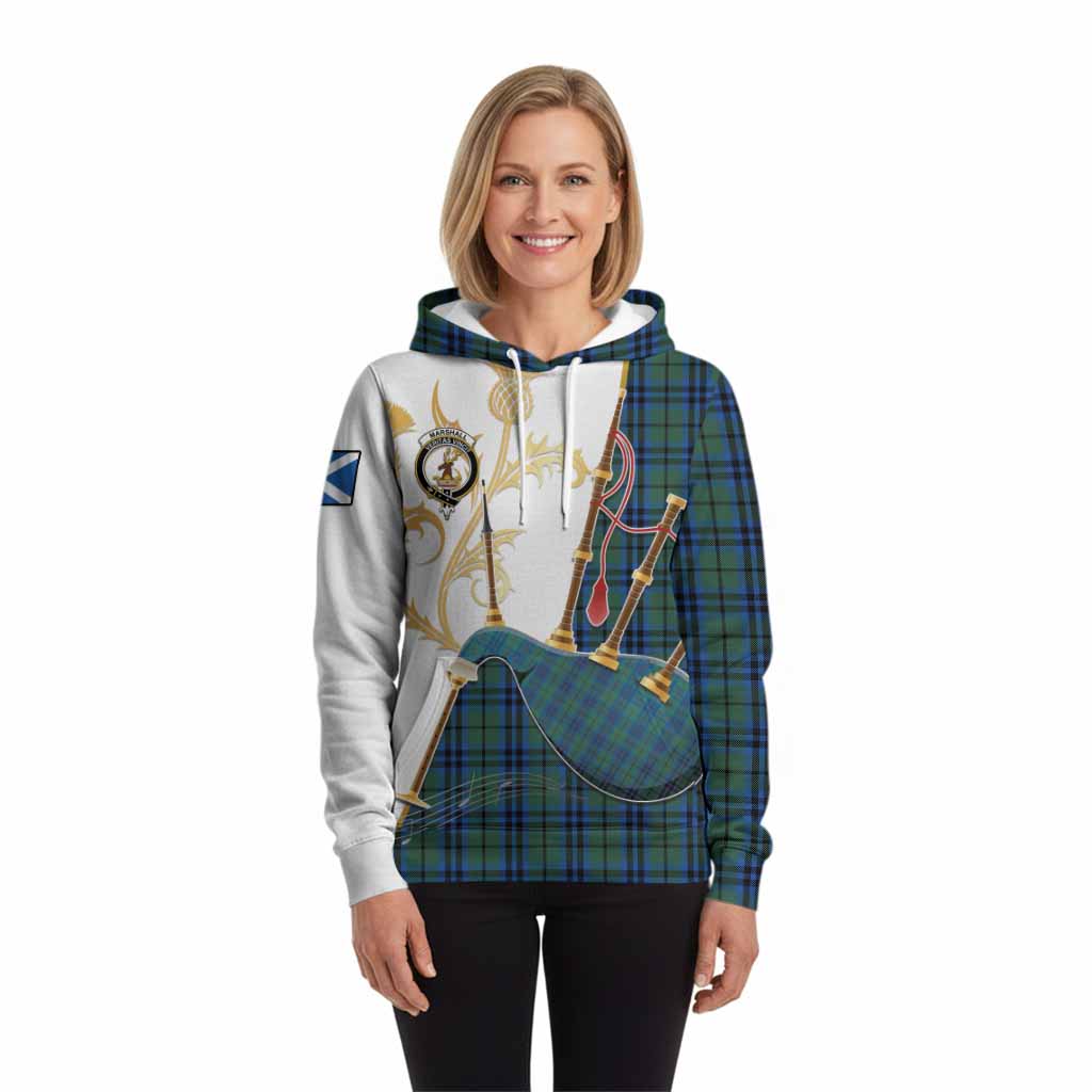 Marshall Tartan Family Crest Hoodie Bagpipes with Scottish Thistle