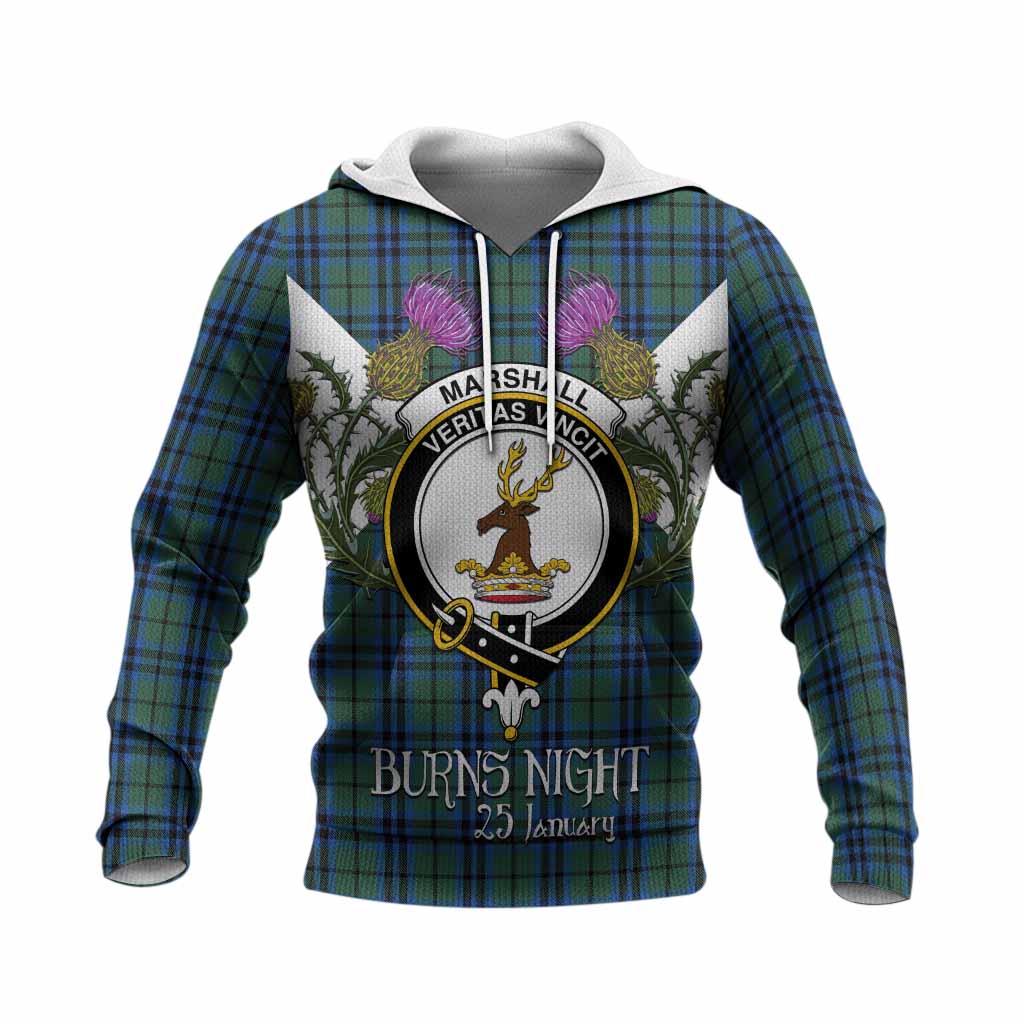 Marshall Tartan Family Crest Knitted Hoodie Scottish Burns Night Thistle Floral