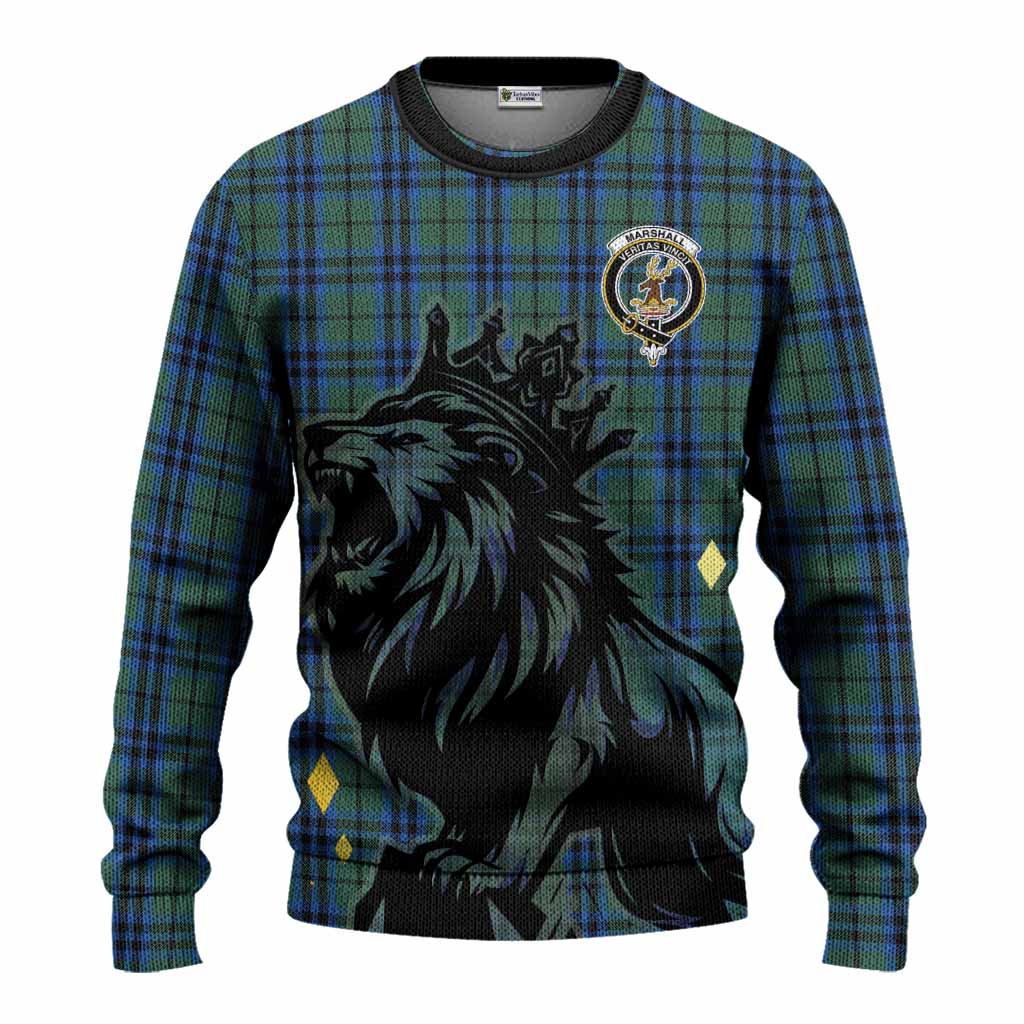 Marshall Tartan Family Crest Knitted Sweater Crowned Lion Roaring