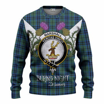 Marshall Tartan Family Crest Knitted Sweater Scottish Burns Night Thistle Floral