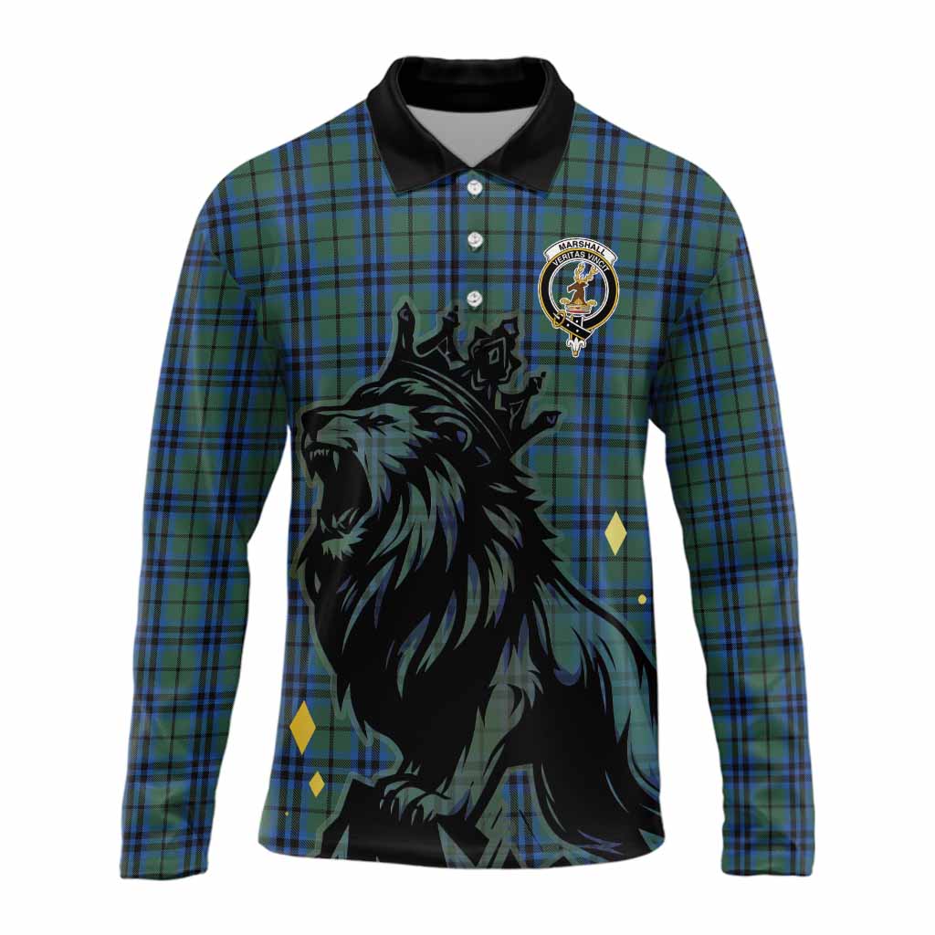 Marshall Tartan Family Crest Long Sleeve Polo Shirt Crowned Lion Roaring
