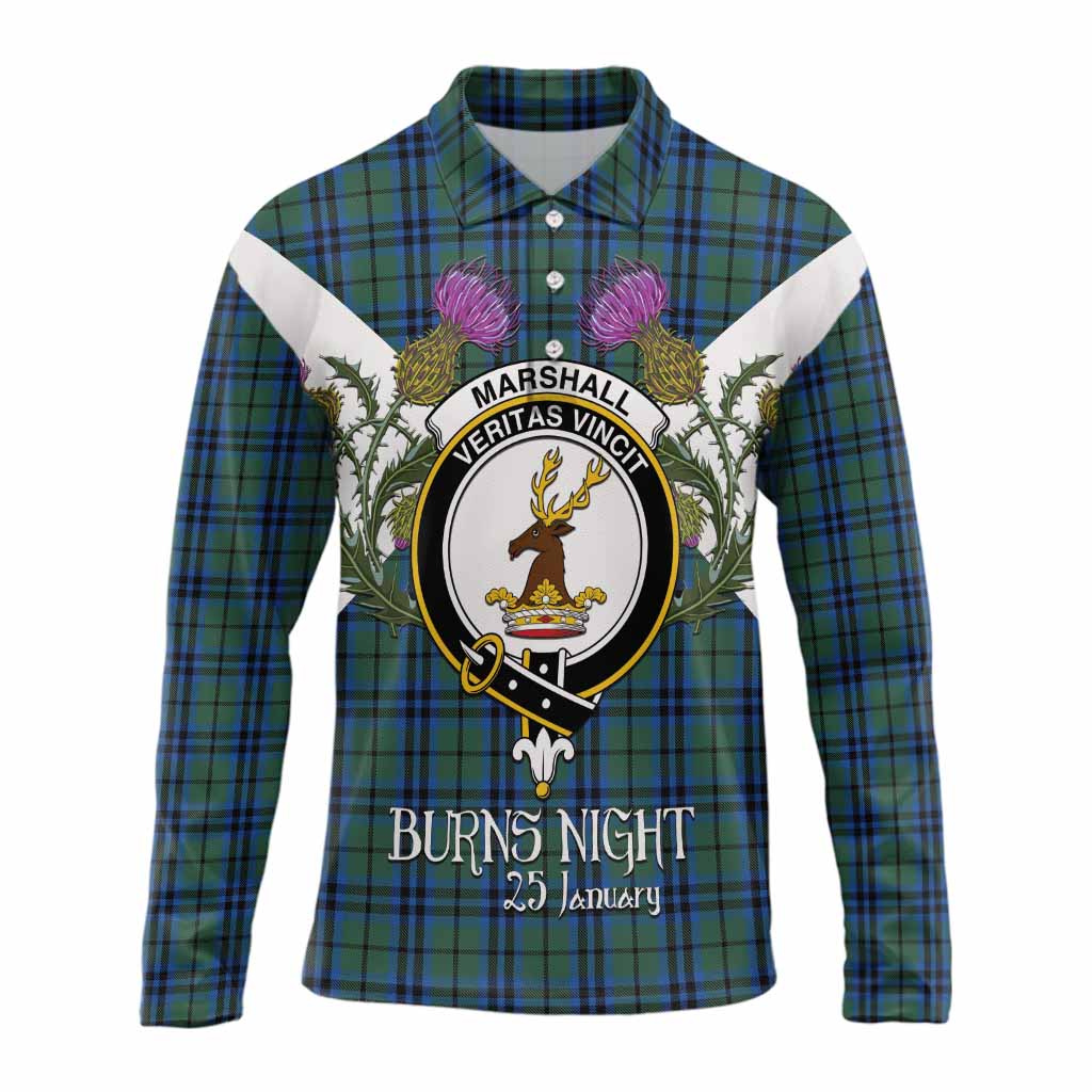 Marshall Tartan Family Crest Long Sleeve Polo Shirt Scottish Burns Night Thistle Floral