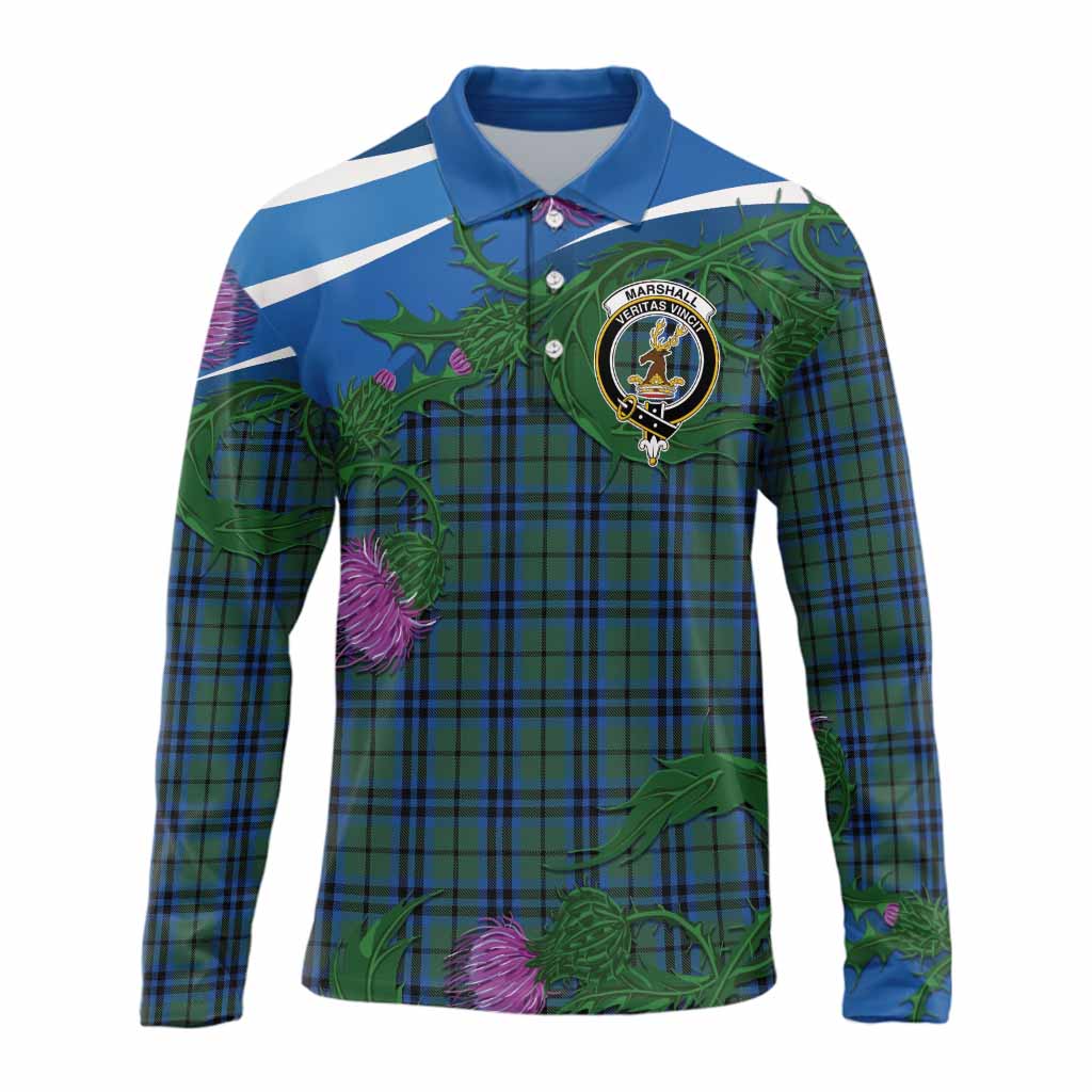 Marshall Tartan Family Crest Long Sleeve Polo Shirt Thistle in Minimalism