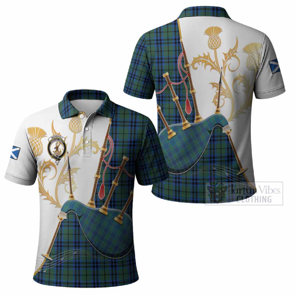 Marshall Tartan Family Crest Polo Shirt Bagpipes with Scottish Thistle