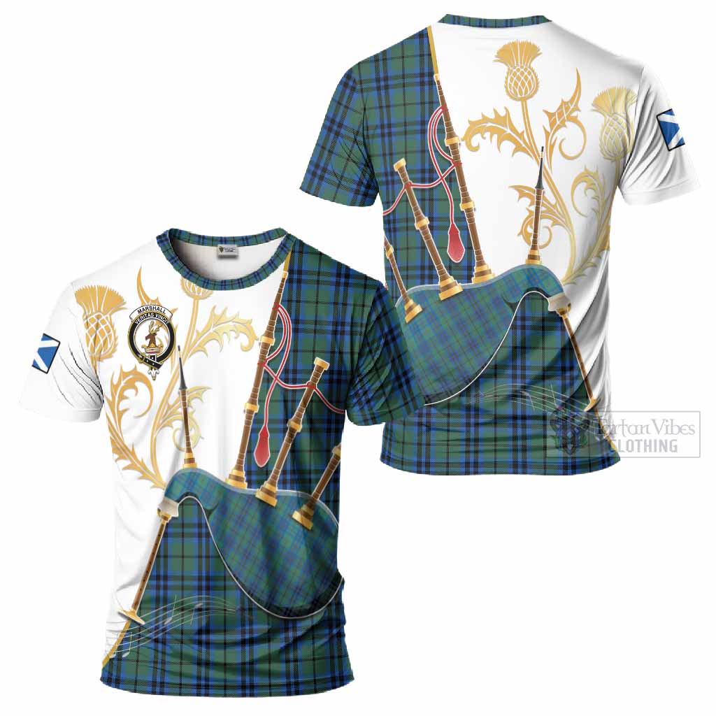Marshall Tartan Family Crest T-Shirt Bagpipes with Scottish Thistle
