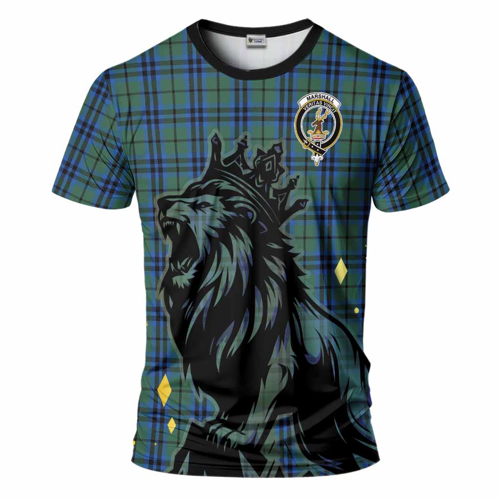 Marshall Tartan Family Crest T-Shirt Crowned Lion Roaring