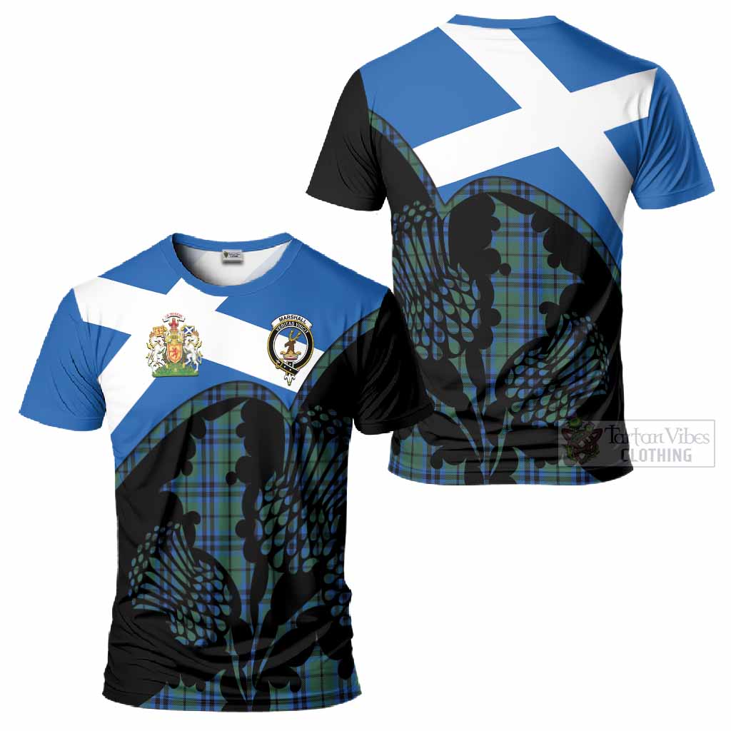 Marshall Tartan Family Crest T-Shirt Scotland Thistle Floral Flag Style