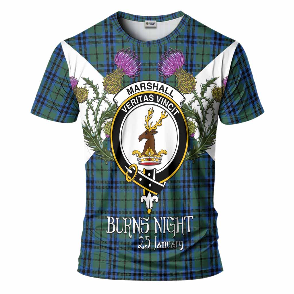 Marshall Tartan Family Crest T-Shirt Scottish Burns Night Thistle Floral
