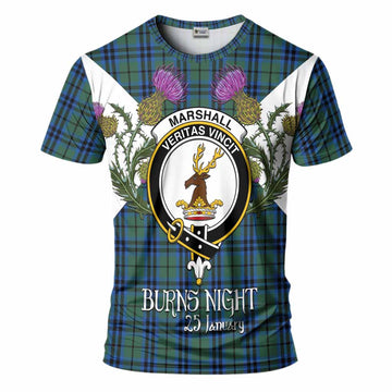 Marshall Tartan Family Crest T-Shirt Scottish Burns Night Thistle Floral
