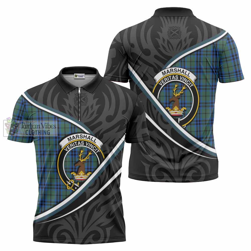 Marshall Tartan Family Crest Zipper Polo Shirt Celtic Scottish Thistle Floral - Tartan Vibes Clothing