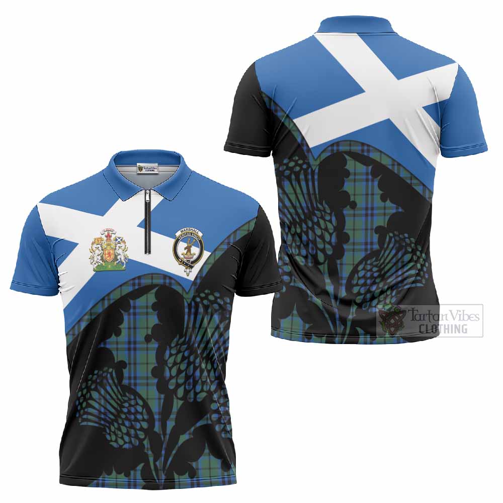 Marshall Tartan Family Crest Zipper Polo Shirt Scotland Thistle Floral Flag Style