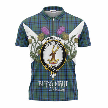 Marshall Tartan Family Crest Zipper Polo Shirt Scottish Burns Night Thistle Floral