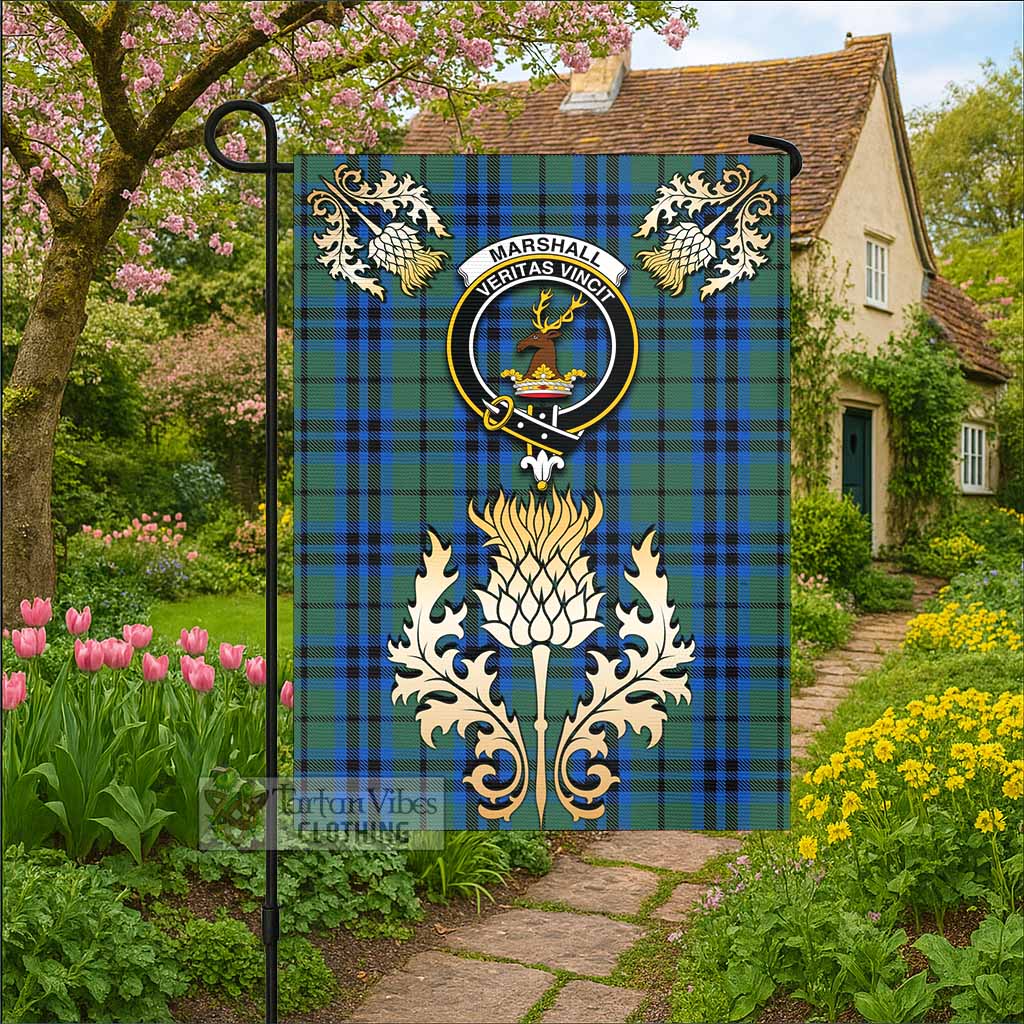 Marshall Tartan Garden Flag with Golden Regal Scottish Thistle Emblem - Tartan Vibes Clothing