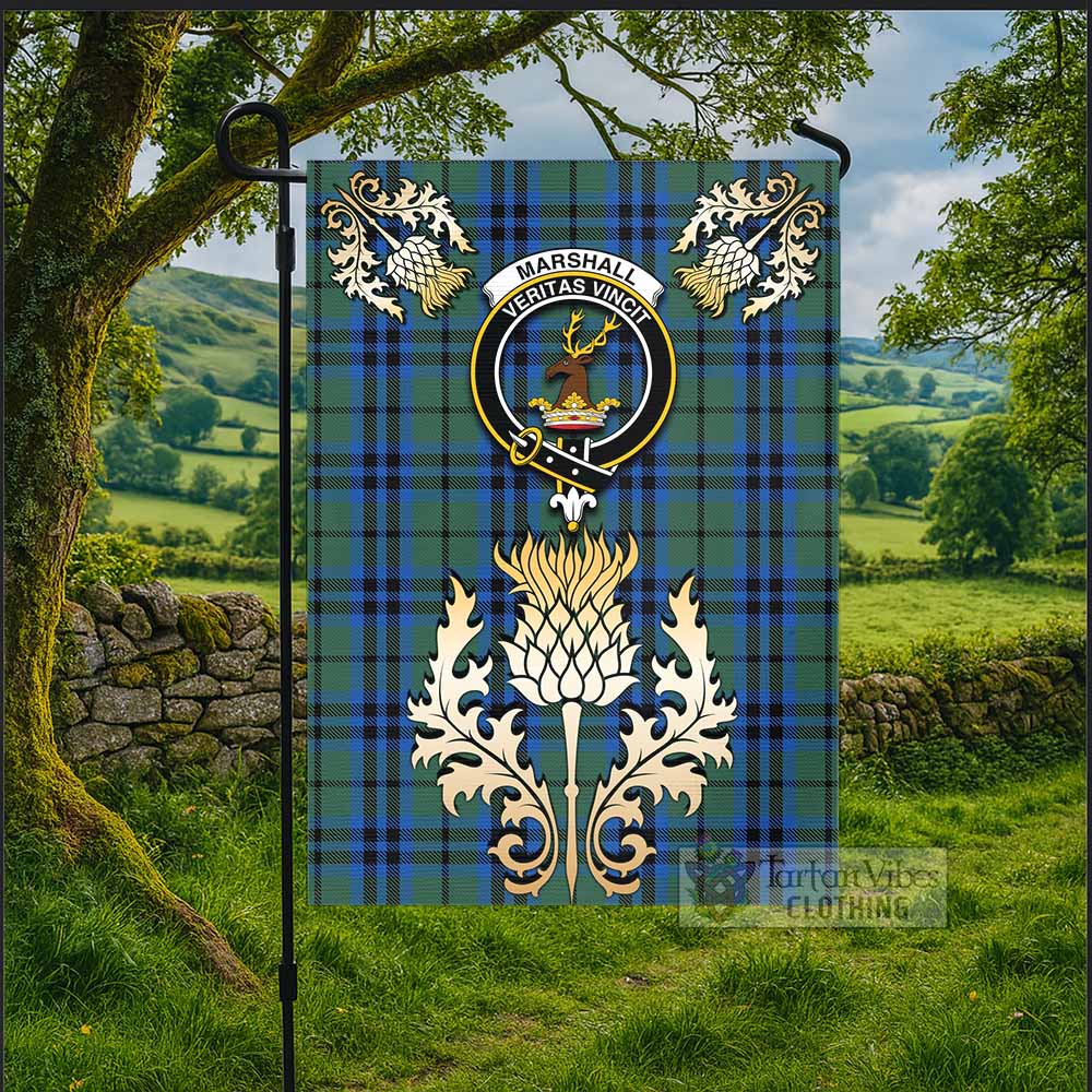Marshall Tartan Garden Flag with Golden Regal Scottish Thistle Emblem - Tartan Vibes Clothing