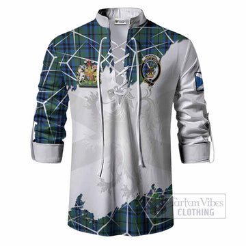 Marshall Tartan Ghillie Shirt with Family Crest and Lion Rampant Grunge Style