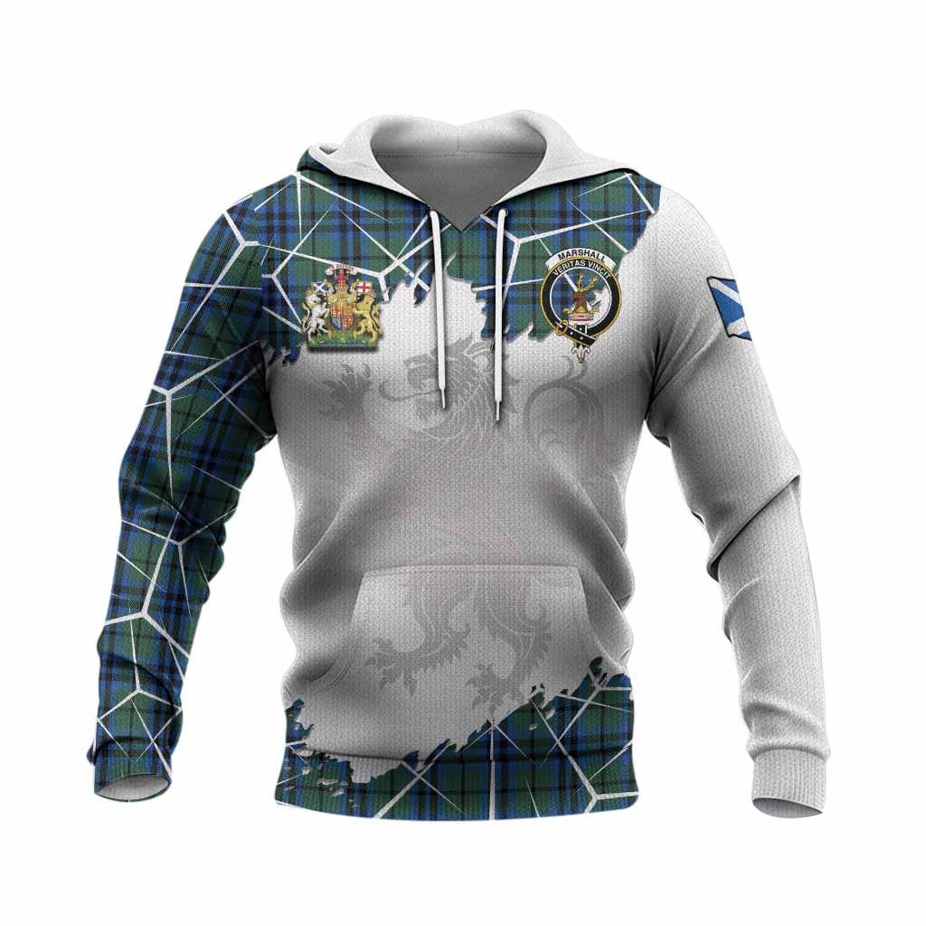 Marshall Tartan Knitted Hoodie with Family Crest and Lion Rampant Grunge Style